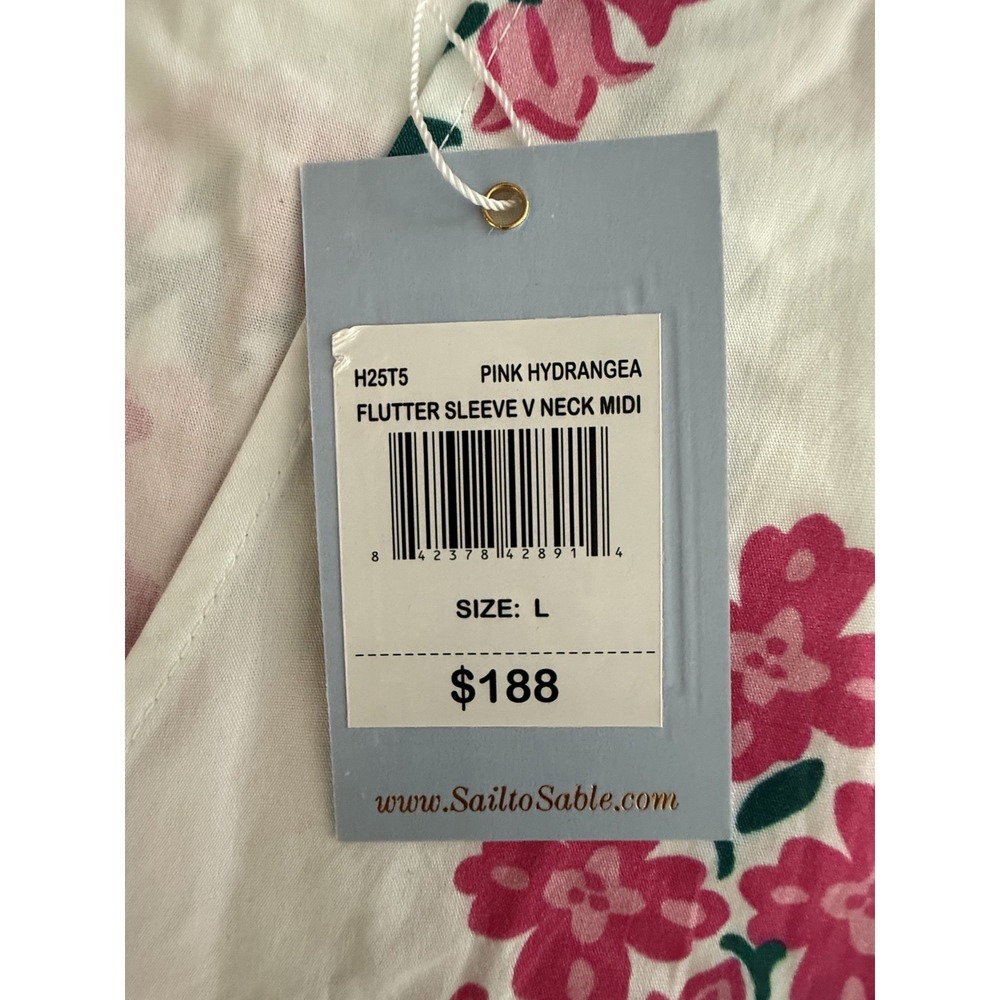 NWT Sail to Sable Pink White Floral Cotton Resort Maxi Dress Smocked Flutter L - Picture 3 of 5